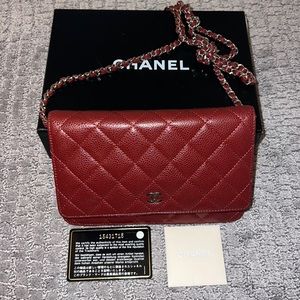 Authentic Chanel Wallet on a Chain Caviar burgundy bag silver hardware